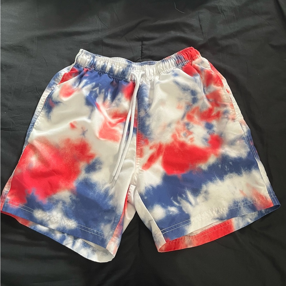 Men's Red and Blue Tie-Dye Swim Trunks